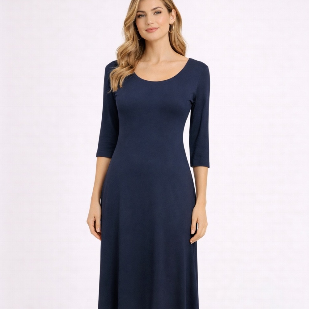Eileen Fisher Dress Blue XS Extra Small 3/4 Long Sleeve Trapeze